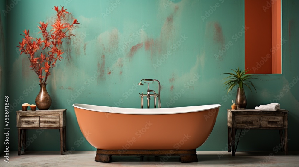 A copper bathtub sits in front of a green wall in a bathroom with two vintage wooden tables and plants on each side