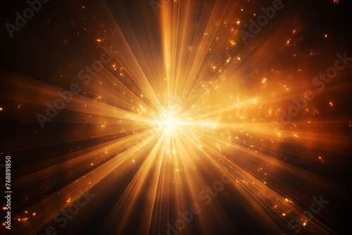 Golden rays of light burst in the dark background