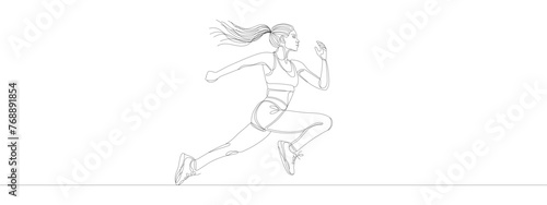 Continuous one drawn line silhouette running athlete girl runner. Vector