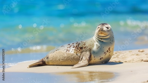 Seal on a Beach Blending with Pristine Sands and Shimmering Waters