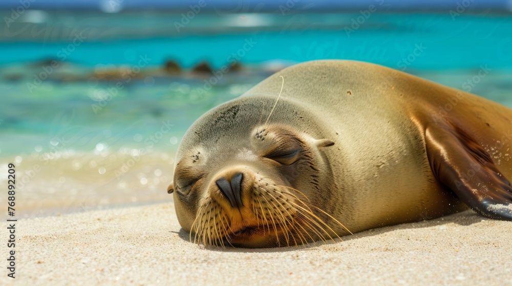 Obraz premium Seal on a Beach Blending with Pristine Sands and Shimmering Waters