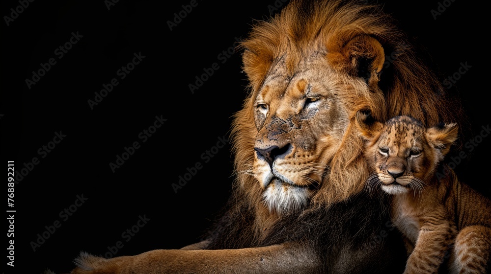 Male lion and cub portrait with space for text, object on right side, ideal for detailed captions
