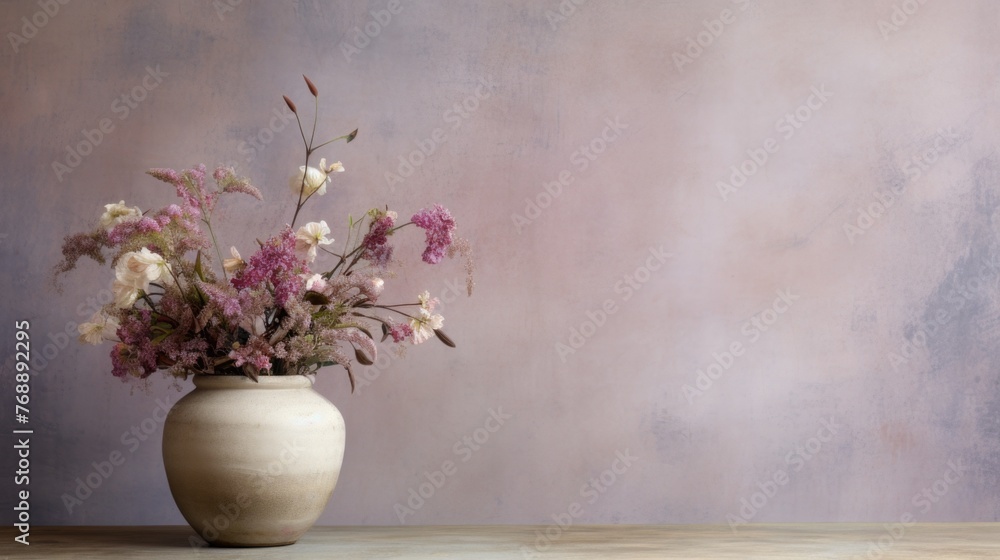 Flower bouquet in vase on wooden table and wall background. Flower bouquet in vase on wooden table and wall background.