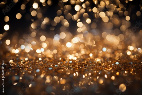 Golden glitter sparkles on a black background photo