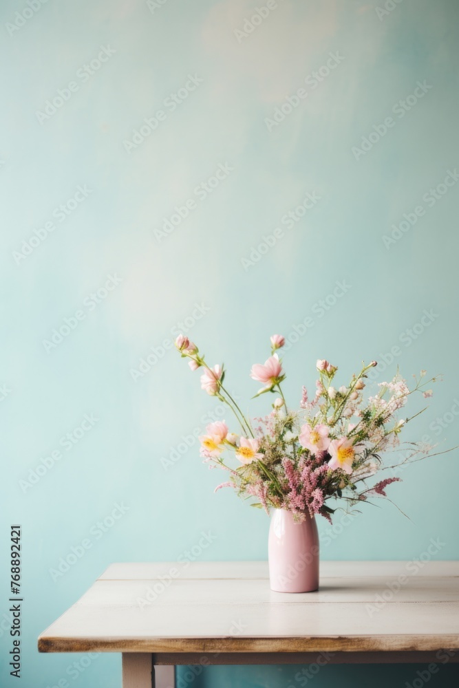 Vase with wildflowers on table against turquoise wall.