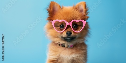 A playful Pomeranian dog with heart-shaped pink glasses and a collar  enjoying a sunny day.