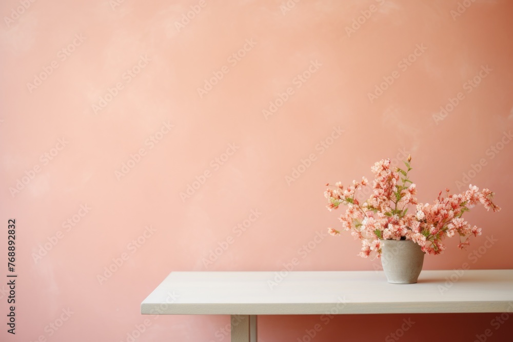 Bouquet of flowers in vase on table against pink wall.