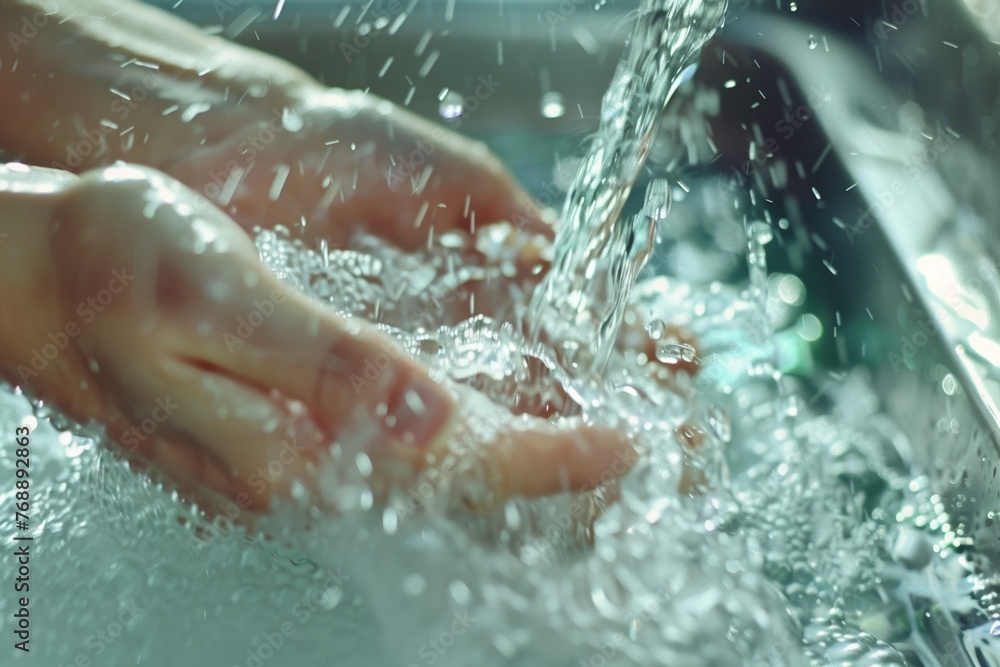 Fototapeta premium Clean water flows from a tap, captured in a refreshing splash, promoting health and hygiene.