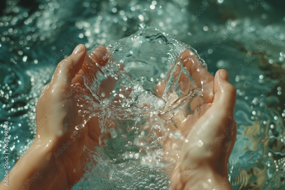 Fototapeta premium A woman's hand splashes water, embodying a refreshing and clean concept of nature and health.