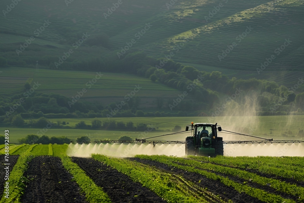 Fototapeta premium A farmer drives a tractor in an agricultural field, fertilizing and moistening the land.