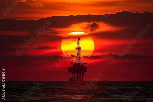 The majestic silhouette of an offshore oil drilling platform against a beautiful sunrise.