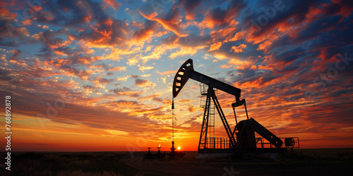 A silhouette of an industrial oil rig at sunset, extracting fossil fuel, symbolizing energy production.