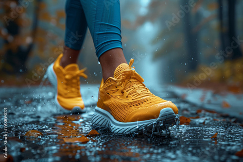 A runner's feet on a rainy path, embodying an active and healthy outdoor lifestyle.