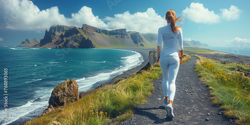 A fit jogger, enjoying a solo journey along a scenic coastline with mountains and ocean views.