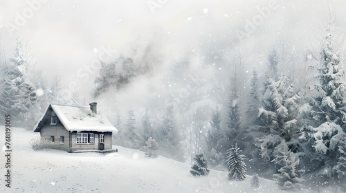 Idyllic Winter Wonderland Scene with Snow-covered Cottage, Perfect for Seasonal Backgrounds or Holiday Themes. Ideal for Card Designs and Festive Projects. Serene and Peaceful Atmosphere. AI © Irina Ukrainets