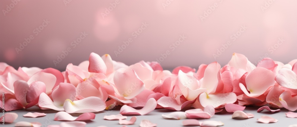 Pink rose petals on a gray background. Place for text. Pink rose petals on a gray background. Place for text.