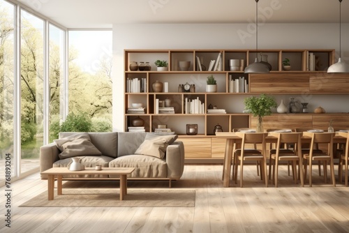 An inviting living and dining space with a large bookshelf