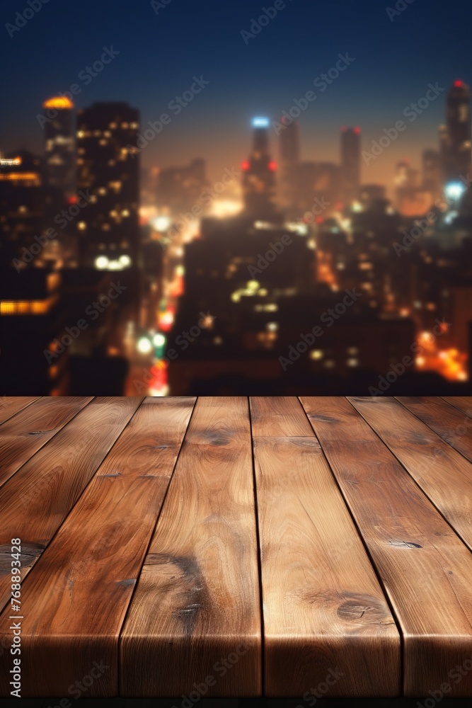 Empty wooden table with blurred city lights in the background