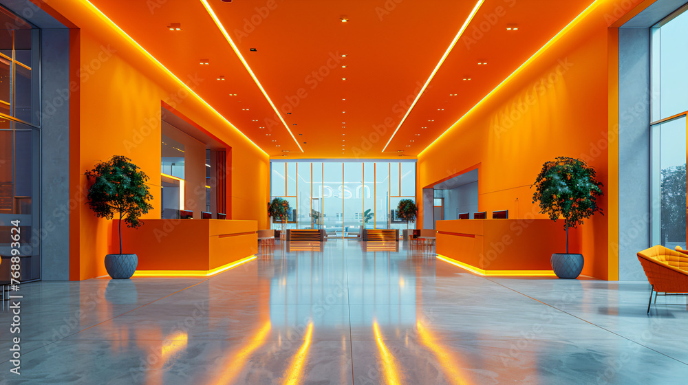 empty large office with orange walls with lights and computers for customer service. Bank and company 