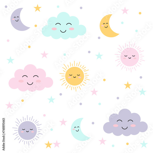 Background with beautiful smiling colorful clouds and stars.Vector illustration