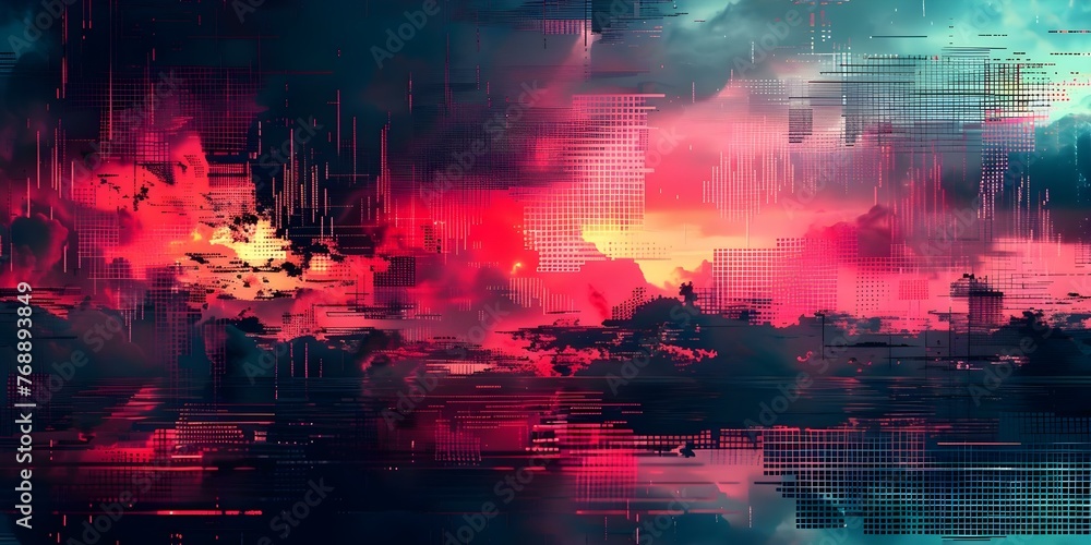 Abstract digital glitch background with distorted pixel overlay resembling a damaged CRT television or video game texture. Concept Abstract Art, Digital Glitch, Distorted Pixels, CRT Television