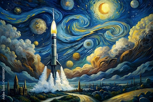 Rocket Launch Starry Night Sky Artistic Interpretation Swirling Clouds Space Exploration