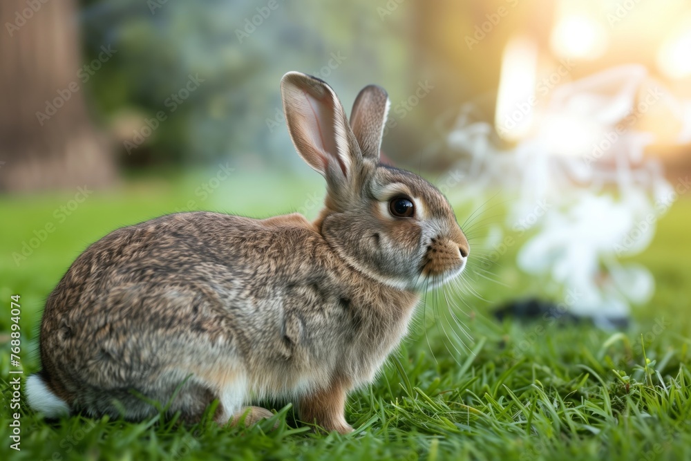 rabbit on grass with smoke rising in distance rabbit on grass with smoke rising in distance