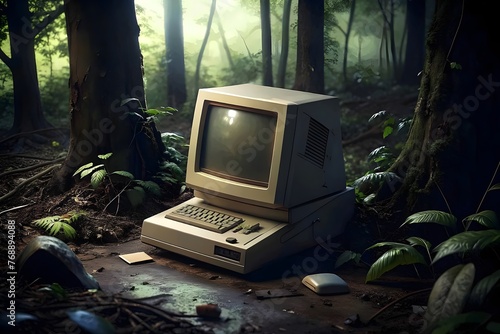 Vintage Computer Forest Abandoned Technology Overgrown Nature