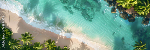  a tropical Hawaiian island beach flying over the ocean,