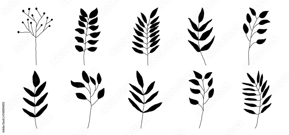 Collection of line art leaf elements. Collection of line art leaf elements.