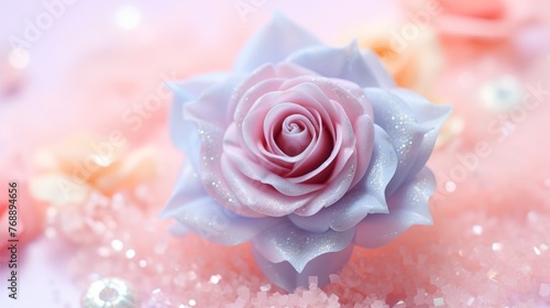 A beautiful pink rose with blue edges and a white center