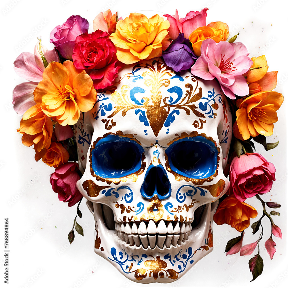 skull with flowers, day of the dead, holy death , watercolor illustration, png on transparent background