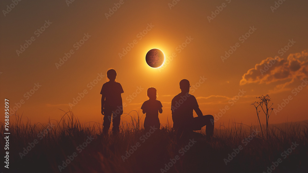 Father and children watching the eclipse