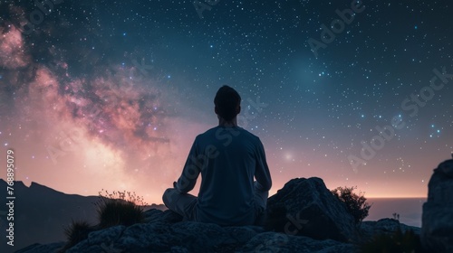 Man Sitting on Mountain Peak Under Starry Night Sky