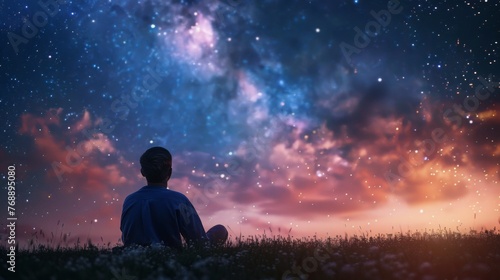 Man Sitting in Field Watching Stars