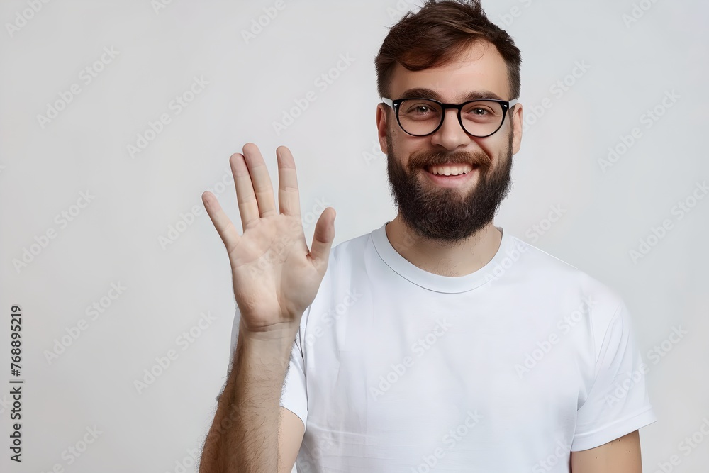 Friendly bearded man waving hello in a casual white tee. Smiling guy greets with a hand gesture. Approachable portrait showing a welcoming vibe. AI Friendly bearded man waving hello in a casual white tee. Smiling guy greets with a hand gesture. Approachable portrait showing a welcoming vibe. AI