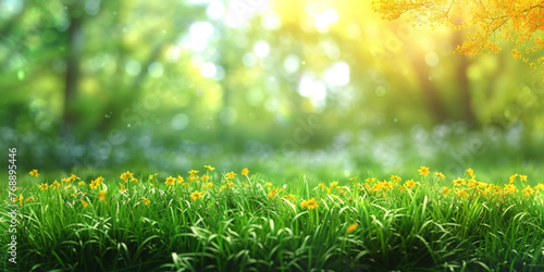  Spring field with fresh nature. Green spring meadows with blurred forest in the background.A beautiful spring summer meadow. Natural colorful panoramic landscape with many wild flowers of daisies