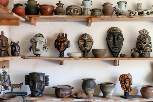 shelves decorated with african masks and pots