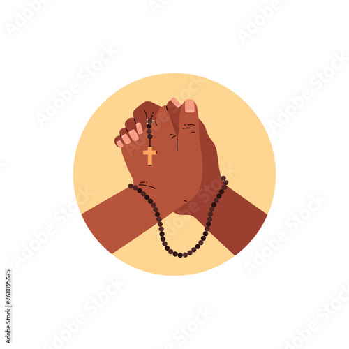 Folded prayer hands with beads and cross vector illustration, human praying arm gesture religion symbol icon round frame