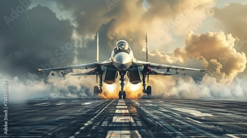Front view of a military jet fighter taking off from