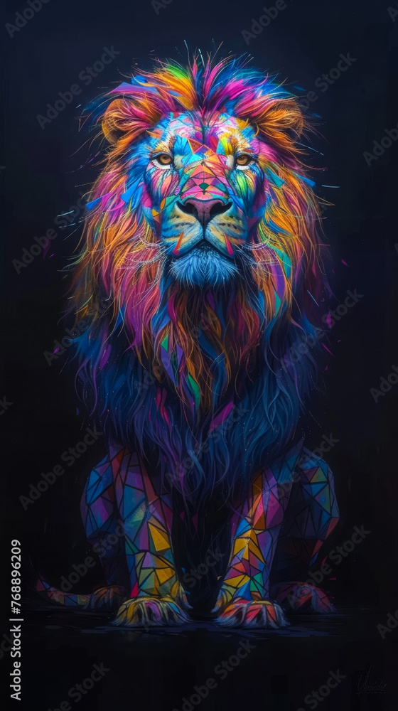 A colorful lion is the main subject of this image. The lion is sitting on a black background, and its colorful mane and tail make it stand out. The image has a vibrant and lively mood