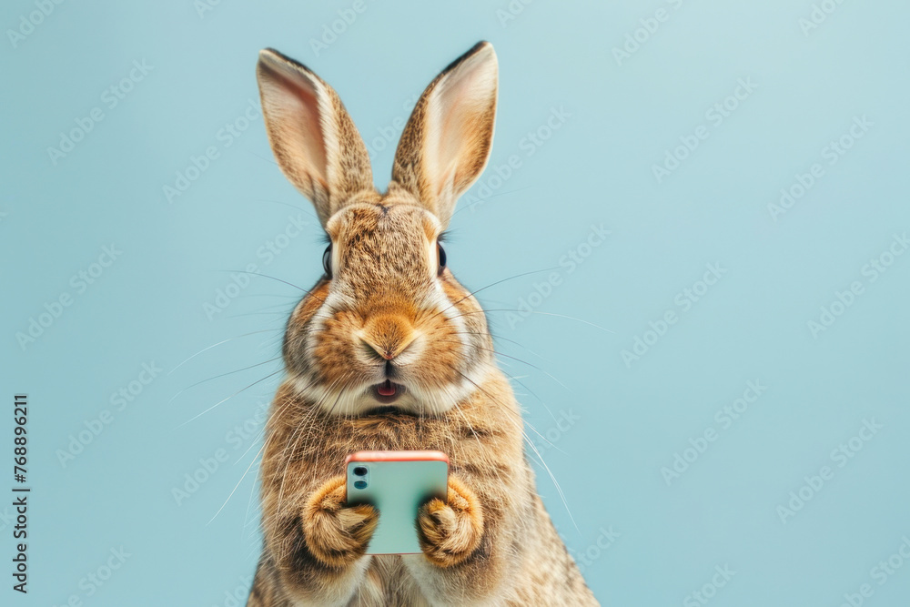 Fototapeta premium Humorous image of a rabbit seemingly using a smartphone