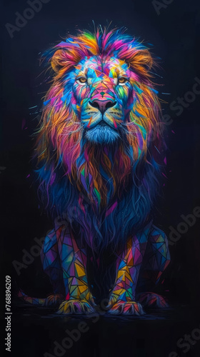 A colorful lion is the main subject of this image. The lion is sitting on a black background, and its colorful mane and tail make it stand out. The image has a vibrant and lively mood © Дмитрий Симаков