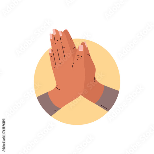 Folded prayer hands vector illustration, human praying arm religion symbol, Namaste hand sign gesture icon round frame