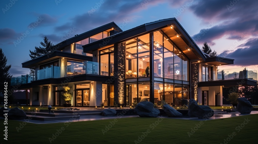 The modern house with huge glass windows The modern house with huge glass windows