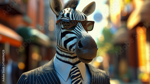 A zebra wearing sunglasses and a suit. The zebra is smiling and looking at the camera