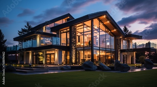 The modern house with huge glass windows