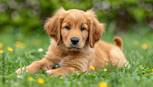 Playful puppy joyfully running in lush green grass field, adorable pet in nature