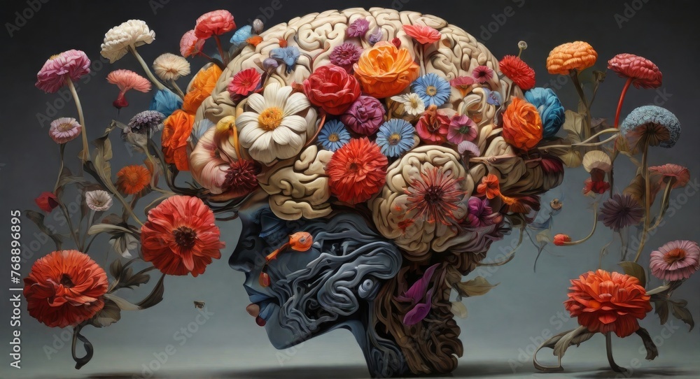 Human brain silhouette made with flowers