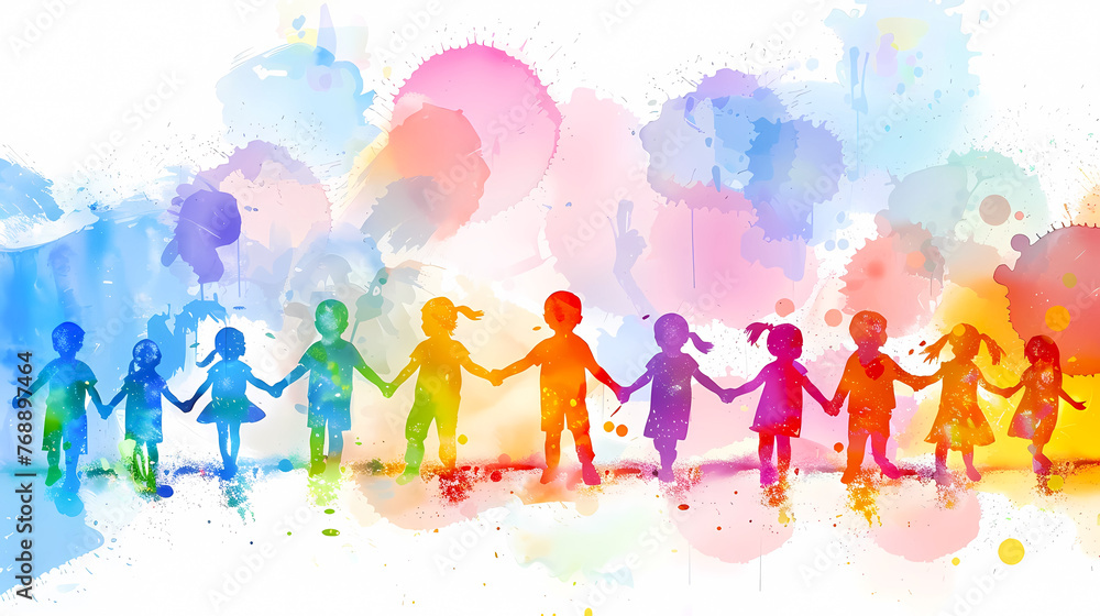 Abstract background for International Children's Day, Silhouettes of happy children. The concept Children's Day. Cute and colorful background.